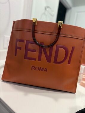 Fendi Orange Leather Tote with Burgundy Logo and Gold Hardware